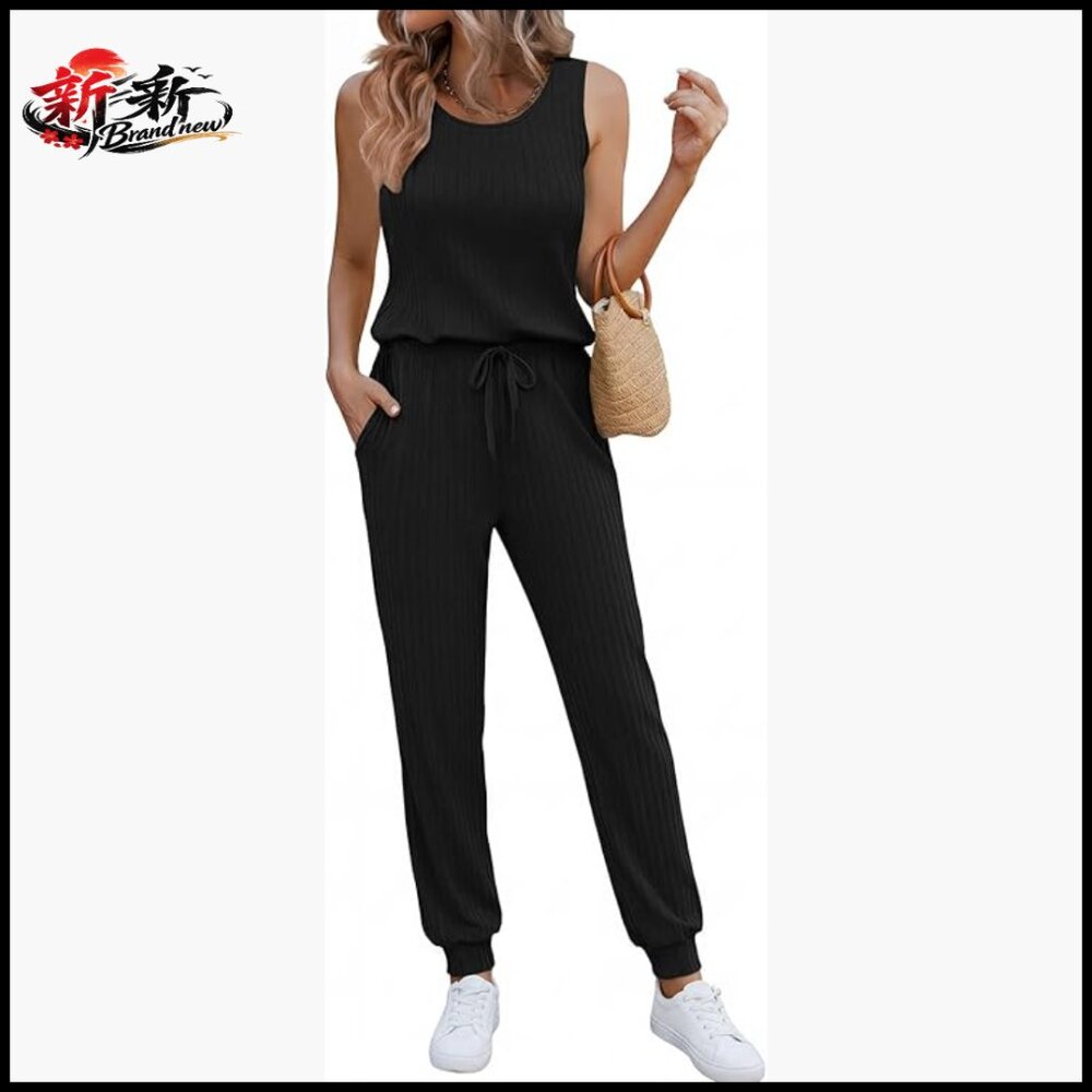 Polyester Blend Sleeveless Jumpsuit Casual Summer Romper Travel Outfit